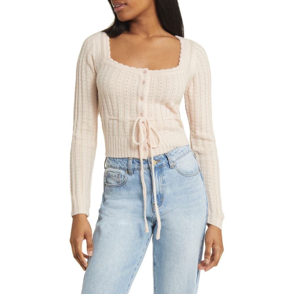LUSH Women's Beige Tie Front Cropped Sweater Size S